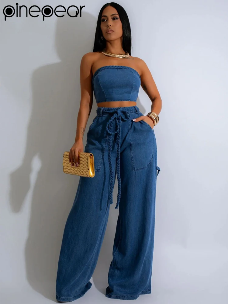 

PinePear 2025 Retro Suit Women's Summer Blue Sleeveless Denim Vest High Waisted Wide Leg Pants Two-piece Set Female Clothes