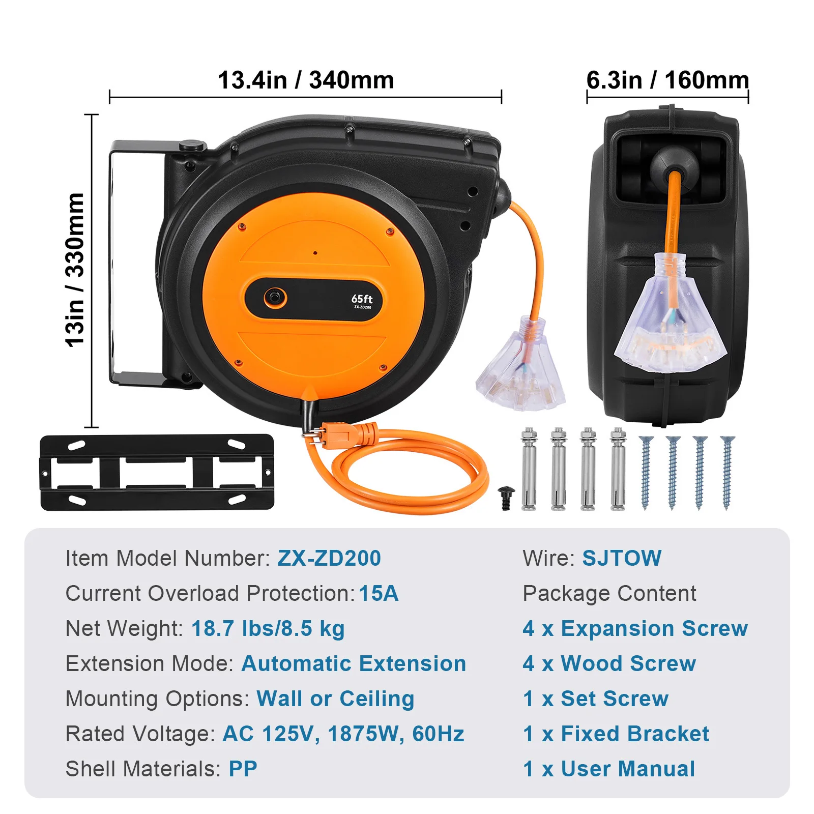 بكرة سلك تمديد قابلة للسحب بكرة سلك الطاقة 65FT 12AWG 3C SJTOW