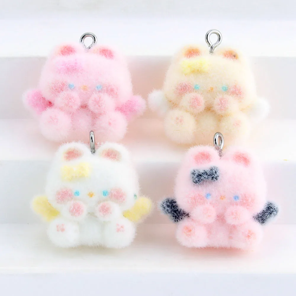 4Pcs Three dimensional Cute Flocked Resin Colorful Winged Bunny Pendant DIY Car Keychain Handmade Accessory Bag Charm