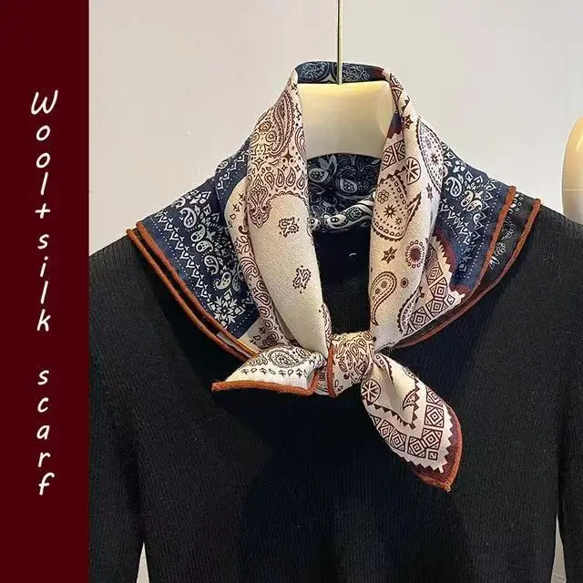 Luxury Two Tone Paisley Print Scarf Double Sided Silk Wool Blend Square Neck Scarf Elegant Women's Fashion Accessory #5