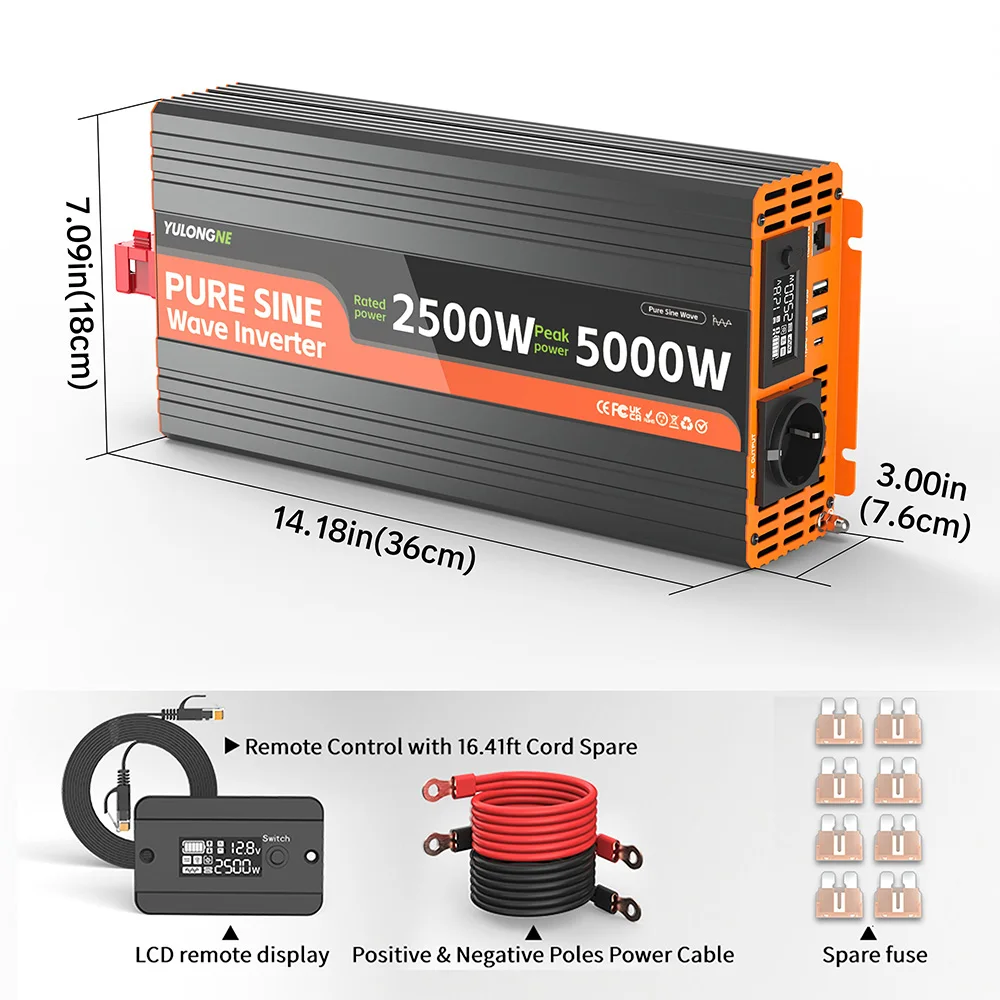 YULONGNE Pure Sine Wave Inverter DC12V Peak 5000W to AC230V EU Socket Converter with Remote LCD Display for RV Camper Solar Emer