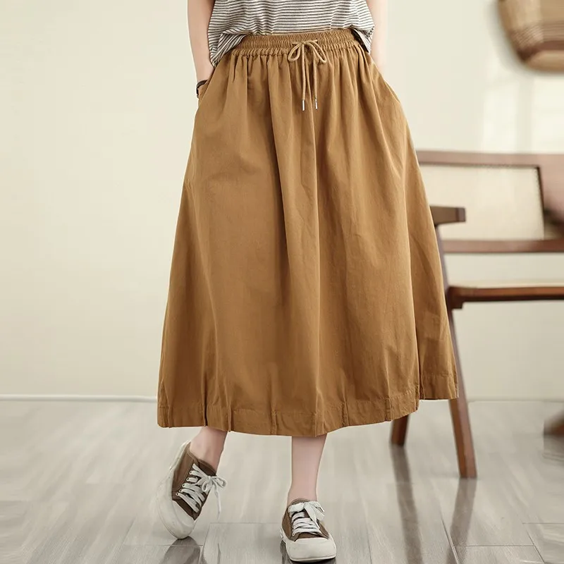 100% Cotton Casual Skirt Women New Arrival 2024 Spring Vintage Style Solid Color Female High Waist A-line Long Skirts B3656