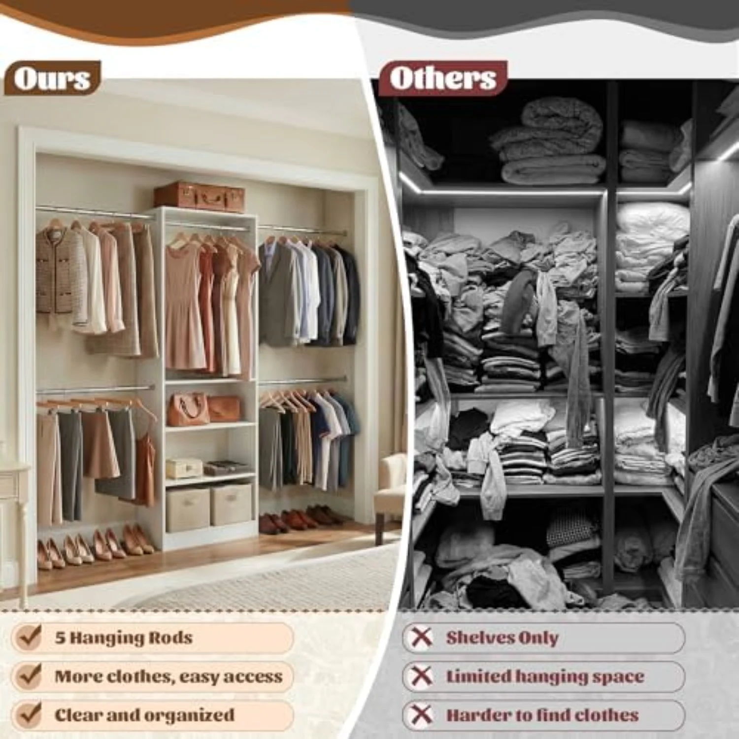12FT Large Open Closet System, 138'' Wall-Mounted Closet Shelving with 5 Hanging Rods and 6 Shelves, Customizable image 4