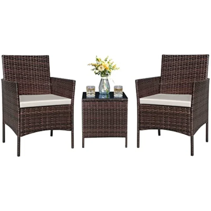 3 Pieces Patio Dining PE Rattan Wicker Chair Furniture Set with Cushion and Glass Coffee Table for Outdoor Garden