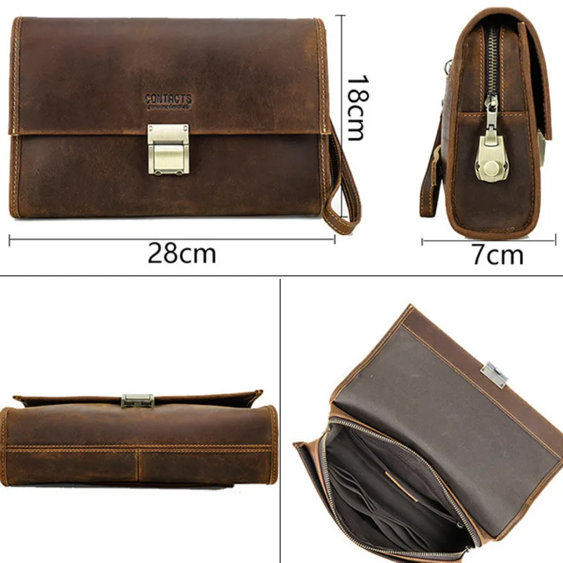British Style Top Layer Cowhide Horse Skin Password Lock Large Capacity Handheld Genuine Leather Men Storage Bag Functional Bags