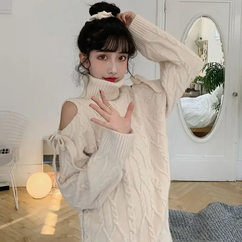 

2025 New Spring Korean Style Knit Off Shoulder Turtleneck Sweater Women Fashion Long Sleeve Wine Red Loose Streetwear Women