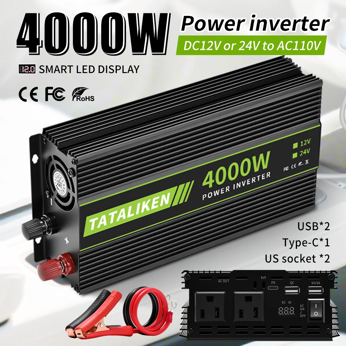

4000W solar inverter, AC 110V 60HZ, portable inverter with TYPE-C interface LCD display, vehicle-mounted converter