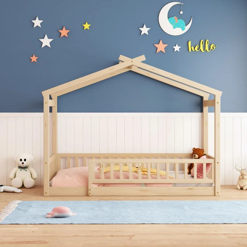 Casa de madeira natural com cerca, tamanho duplo, cama casa para crianças, adolescentes, meninas, meninos