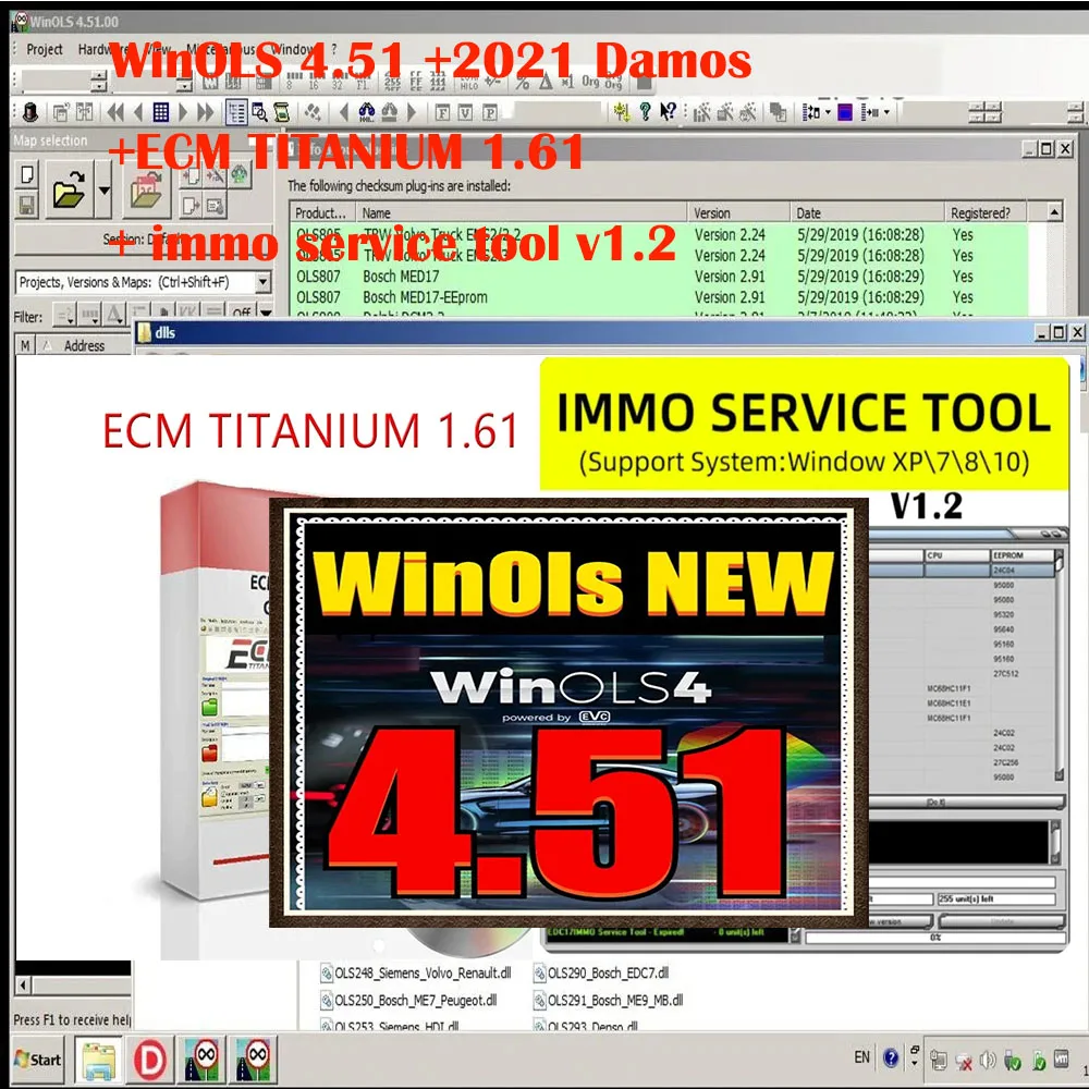 WinOLS 4.51 With Plugins vmware +2021 Damos +ECM TITANIUM+ immo service tool v1.2+ ECU Remapping lessons alldata repair software