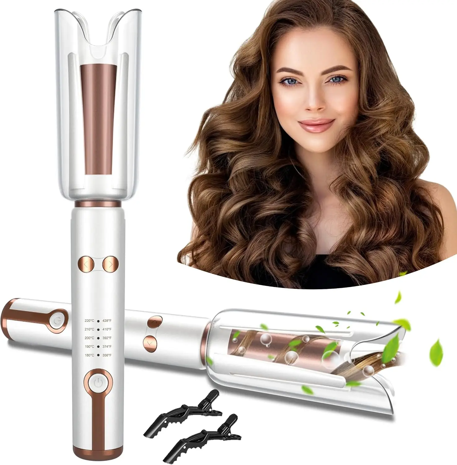 Automatic Rotating Curling Iron-Beach Waves Curling Wand, Pumped-Up Volume, Portable Hair Curler, 500 Million Ionic, Dual Voltage & Lightweight for Travel, Ceramic Coating, 1 Inch, White