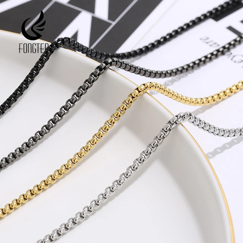 Fongten 3mm Box Chain Fashion Men's Stainless Steel Necklace Square Chain Choker Hip Hop Men's Handmade DIY Fashion Jewelry Gift