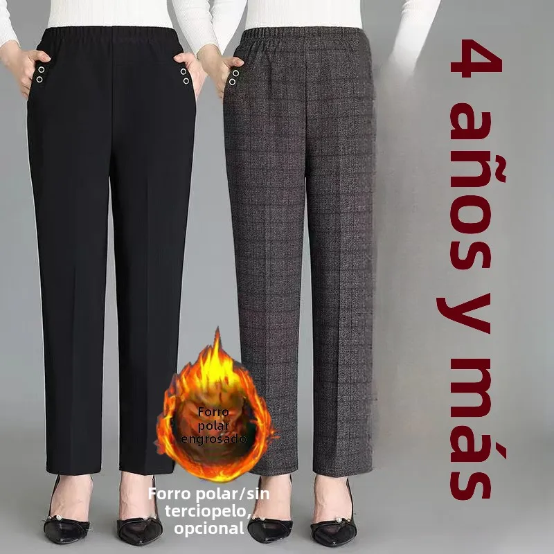 Pantalones casuales de cintura alta y pierna recta para mujeres mayores, pantalones abrigados con forro polar a cuadros, pant...