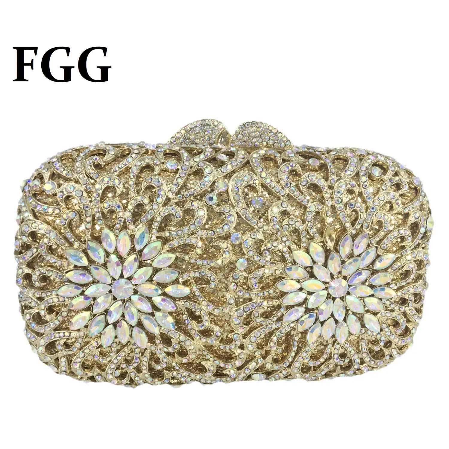 

Boutique De FGG Elegant Women Gold AB Crystal Clutch Bag Evening Purse Wedding Party Cocktail Flower Rhinestone Handbags