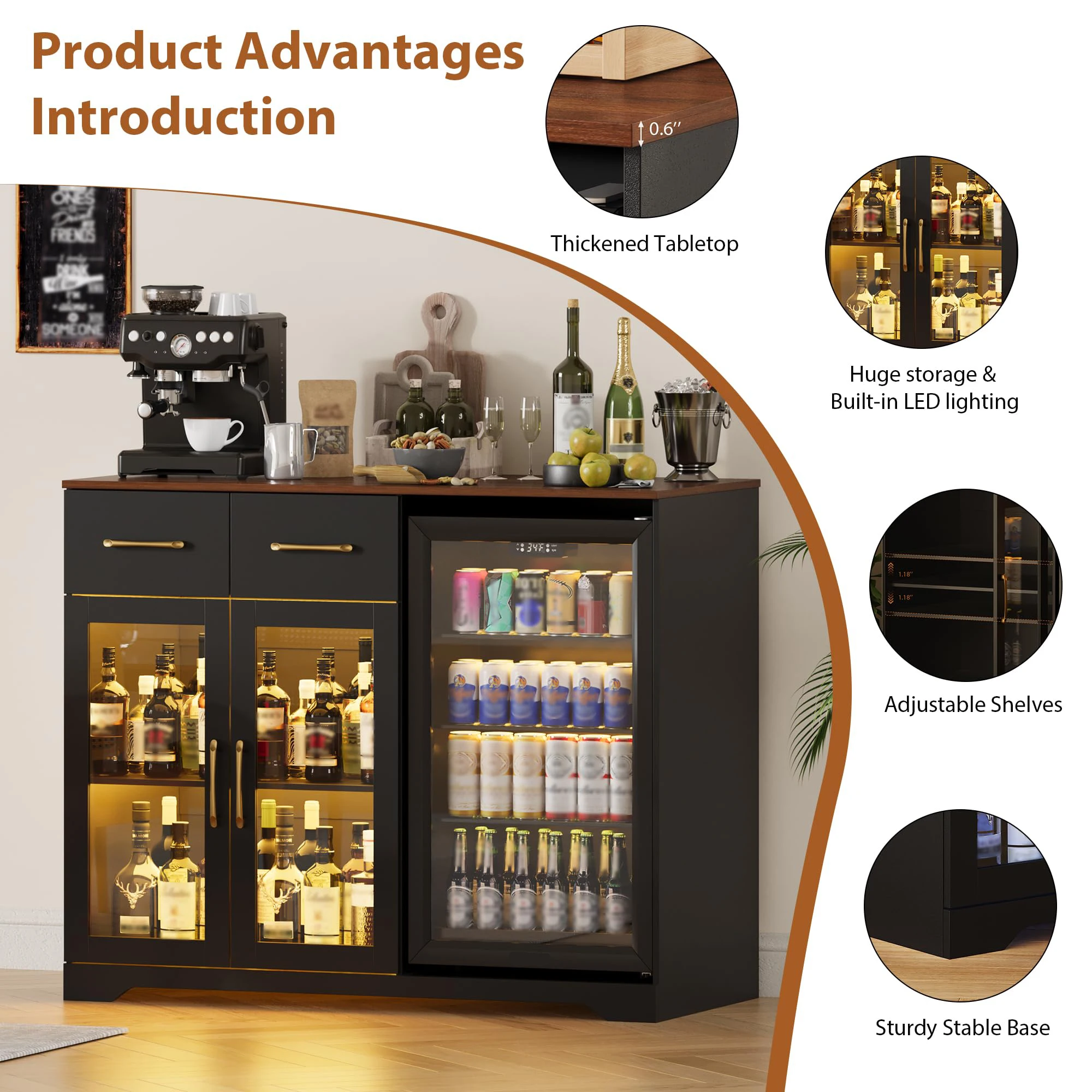 Coffee Bar Cabinet With Mini Fridge Space, LED Lights, Charging Station, Glass Door Storage Cabinet For Home Kitchen Bar Dining Room - view 5
