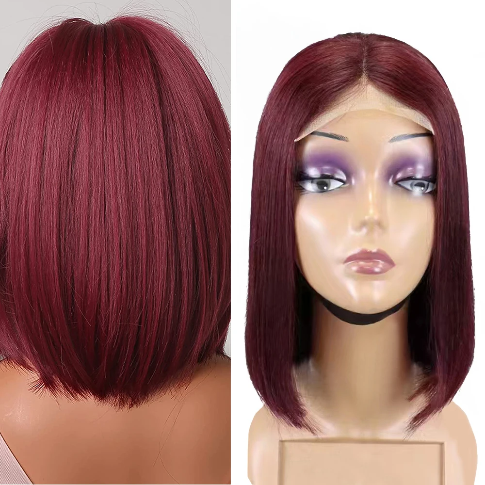 Perruque Bob Lace Front Wig naturelle lisse, bordeaux, 12 pouces, pre-plucked, avec Baby Hair, pour femmes