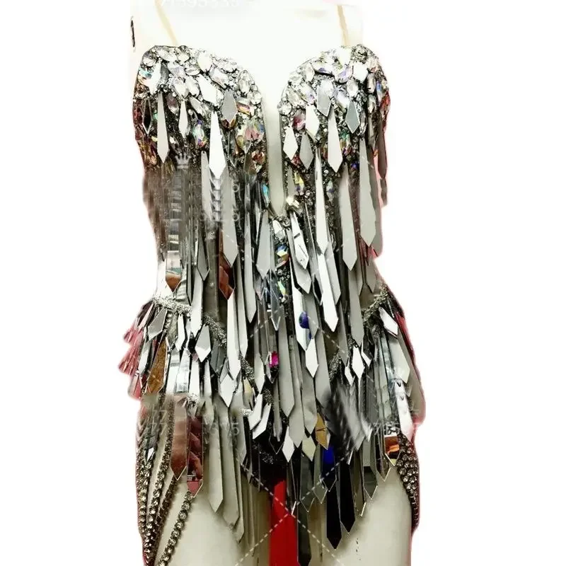 セクシーなポールダンス衣装、ミラーレンズチェーンフラッシュボディスーツ、ナイトクラブ、DS、DJ、レイブ衣装、女性ステージ、ゴーゴーダンサーコスチューム、XS5206