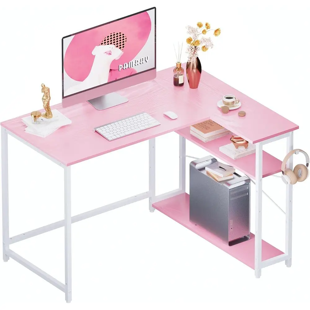 

43 L-Shaped Desk with Reversible Shelves for Small Spaces, Pink with White Legs