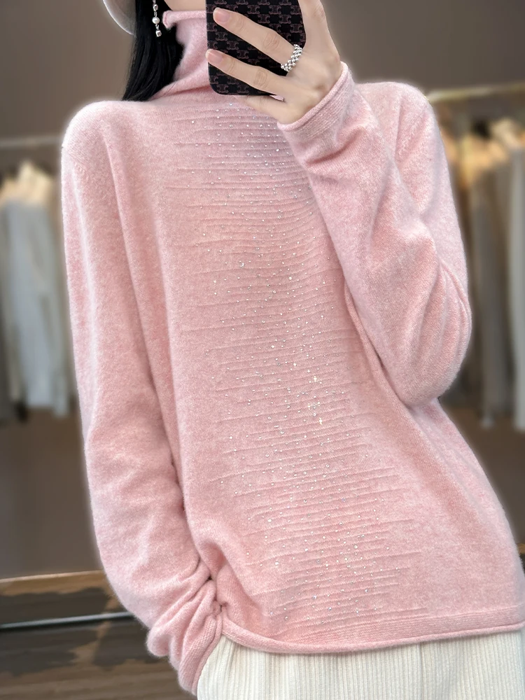 Women 100% Pure Wool Sweater High Collar Pullover 2024 Autumn/Winter Woman Loose Soft Knit Stacked Collar Long sleeves Warm Tops