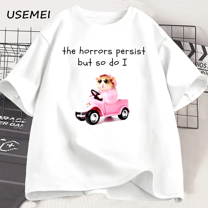 The Horrors Persist Funny Glamorous Pink Hamster T Shirt for Men Women Cotton Short Sleeve Tshirt Casual Round Neck Loose Tees