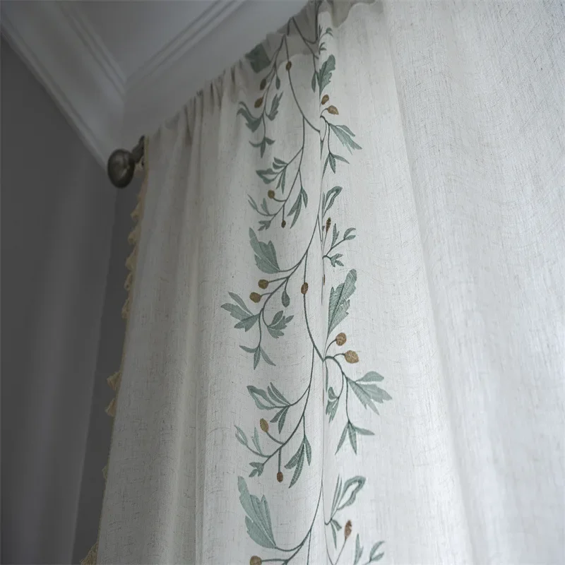 

Cotton Linen American Green Embroidered Floral Curtain white Tassels Blackout Drapes Bay Window Curtains for The Living Room