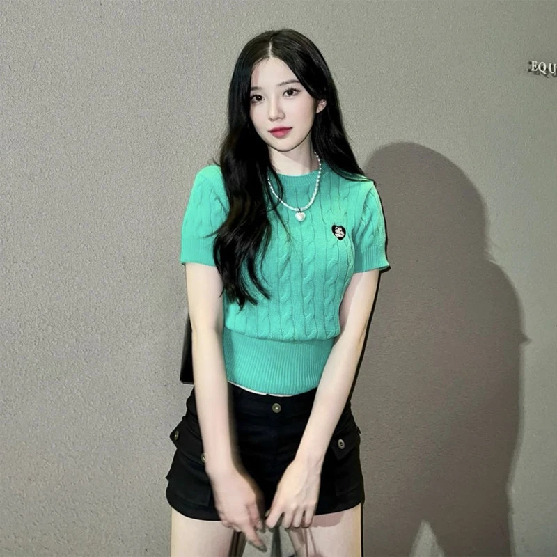 

Pure Cotton Knitted ort Sve irt Callmebaby Little Cro Love Heart Embroidery Spiral Cotton Knitwear Women's Faion