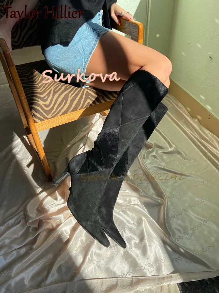 

Черные замшевые зимние сапоги до колена без шнуровки, тонкие эластичные сапоги с острым носком и боковой молнией, элегантные вечерние весенние женские деловые сапоги 46