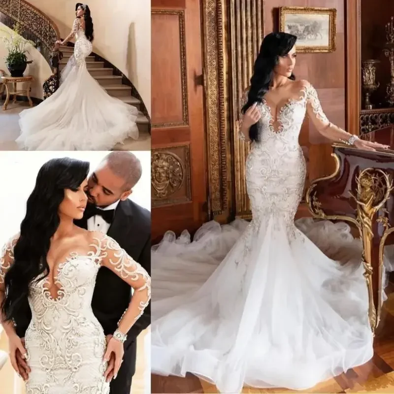 تخصيص الأفريقي دبي حورية البحر الدانتيل فساتين الزفاف الوهم طويلة الأكمام Vestido De Noiva الدانتيل يزين سليم زي العرائس Pl