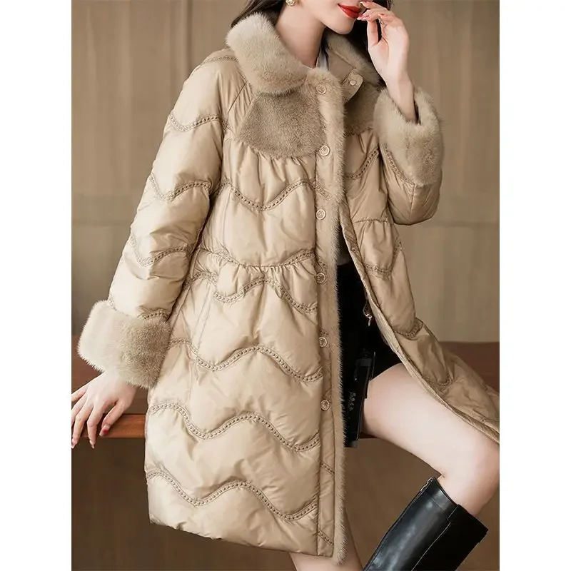 Mink Plush Collar Mid Length Women\'s Down Coat 2023 Winter New 90% White Duck Down Loose Coat Thickened Women Snow Wear Overcoat