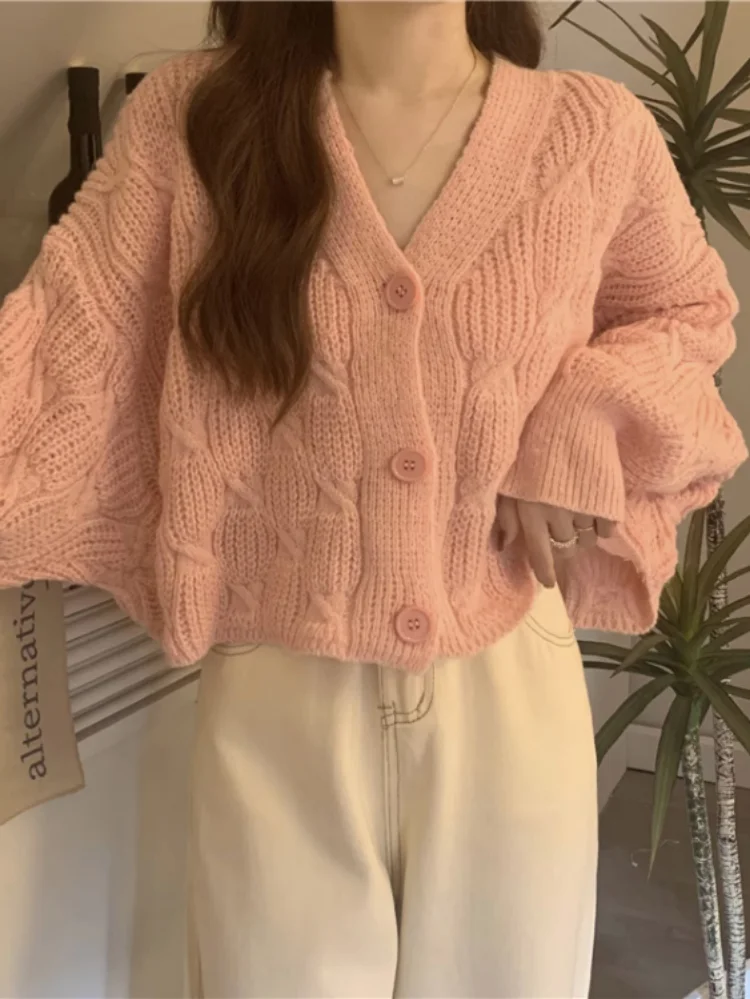 Y2k Aesthetic V Neck Soft Women Sweaters Grunge Twist Fashion 2023 Cropped Cardigan Solid All Match Long Sleeve Knitted Cardigan