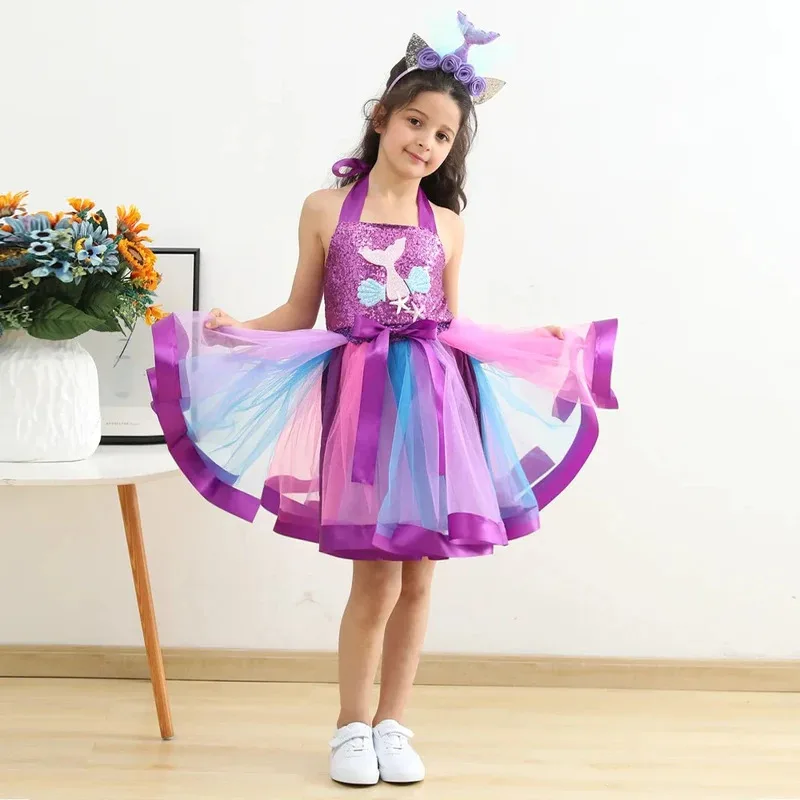 فستان حورية البحر للأميرة لعام 2024 للفتيات على شكل محيط لحفلات أعياد الميلاد فستان توتو ملابس أزياء الهالوين للأطفال