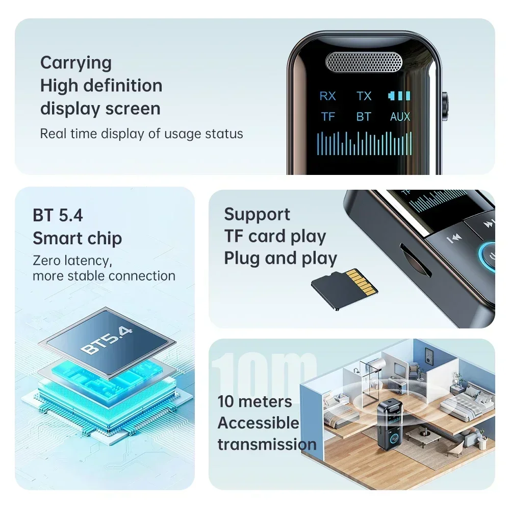 LED Bluetooth 5.4 Adapter Audio For Car Music Headphone Speaker 200mA  Transmitter Receiver Wireless Battery Support TF Card