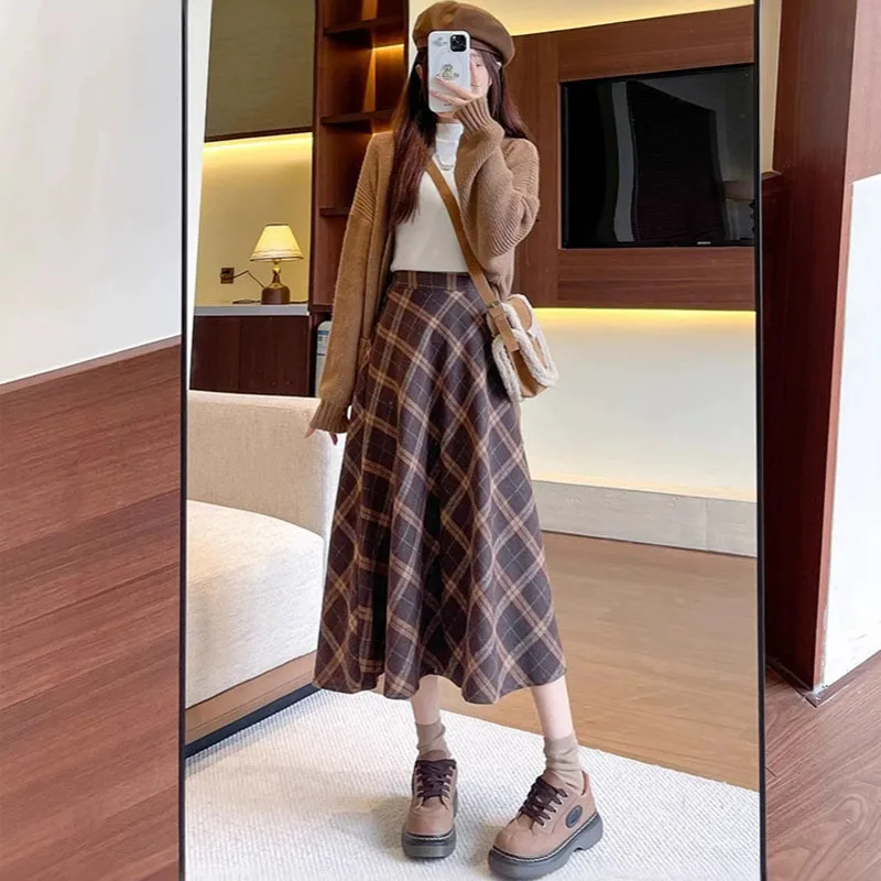 女性秋冬厚手ウールスカートヴィンテージブラウンハイウエストチェック柄スカート女性韓国ファッションストリートプリーツロングスカート