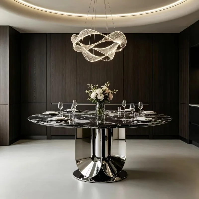 Modern minimalist designer six-seater round Bulgari black luxury stone natural marble dining table turntable dining table