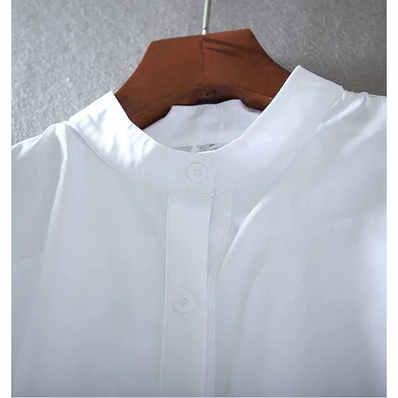 2025 verão puro algodão gola alta oco para fora camisa bordada topos feminino temperamento solto encaixe lanterna manga blusa