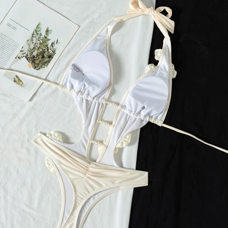 Sexy 3D Blumen Tiefem V-ausschnitt Halter Frauen Bademode Badeanzug Weibliche High Cut Bein Monokini Badende Badeanzug Schwimmen 2025