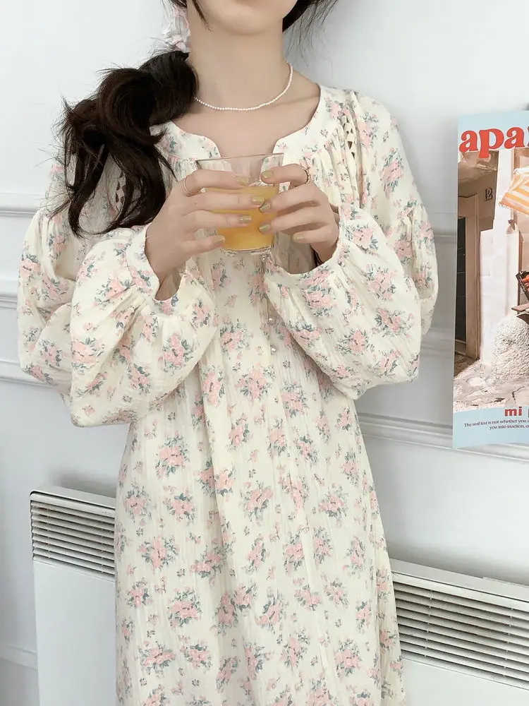 Coreano novo estilo floral camisola estilo princesa com decote em v pijamas longos roupas de casa das mulheres noite sexy sono t®y menina usar vestido