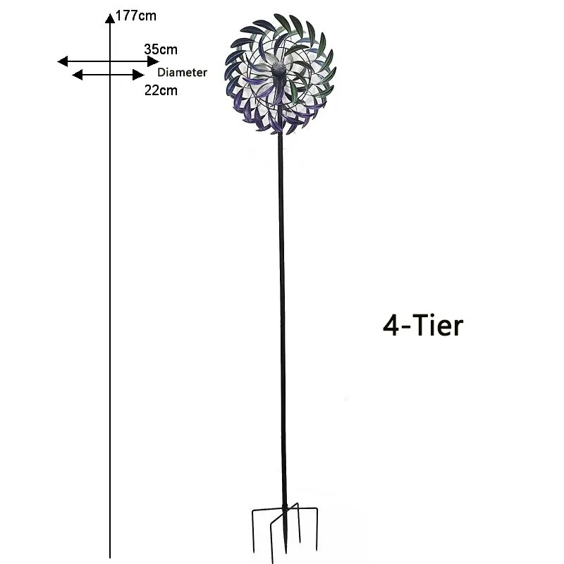 4-Tier Outdoor Wrought Iron Dual Ring Kinetic Wind Spinner Garden Stake Wind Sculpture Yard Ground Stake Ornament