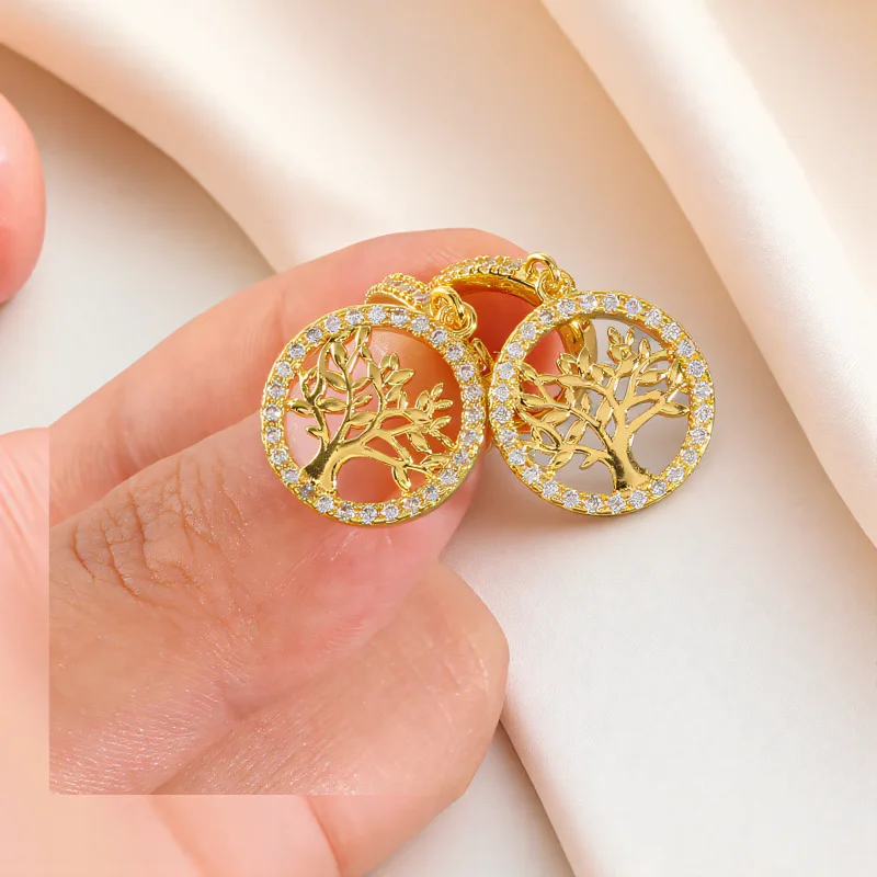 Boho Life of Tree Pendant Earrings For Women Yellow Gold Color White Zircon Round Hoop Earring Female Ear Buckle Mother Gifts