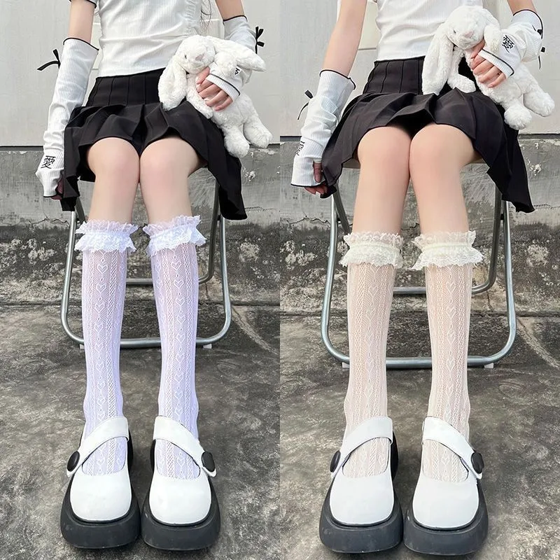 White Lolita Mid-Calf Socks Women Delicate Lace Edge  Heart Design Summer Thin Breathable Socks Kawaii Sweet Hosiery Cute Looks