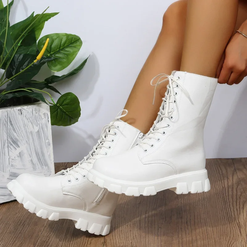 Boots Women 2024 Autumn Winter PU Leather White Ankle Boots Motorcycle Botines Female Chunky Heels Platform Boots Botas Mujer