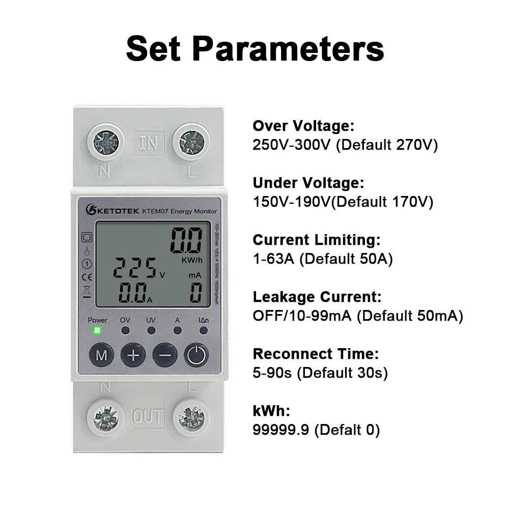 Ketotek Din Rail AC Power Energy Kwh Meter Wattmeter Single Phase 63A 220V Voltmeter Ammeter Voltage Consumption Monitor