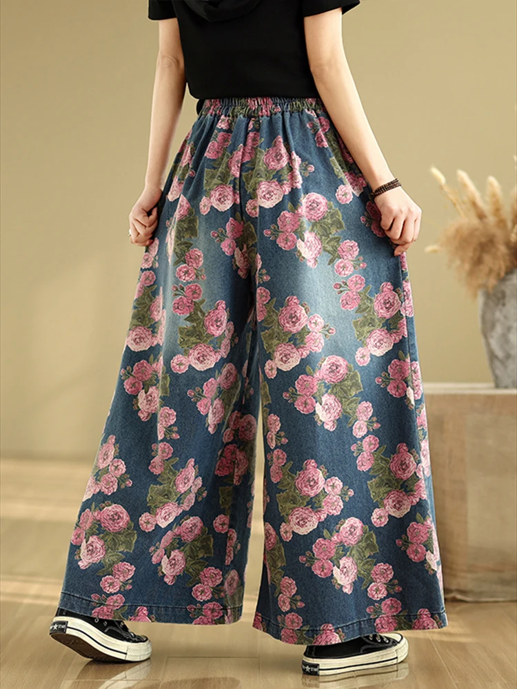 Pantalon à jambes larges imprimé Vintage pour femmes, coupe ample, grande taille, taille élastique, Denim, mode printemps été 2025