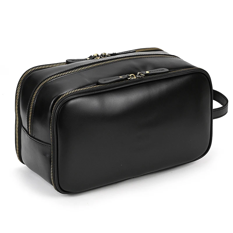 Genuíno couro toiletry travel bag para homens mulheres preto luxo estilo maquiagem sacos feminino masculino lavagem saco toiletries armazenamento