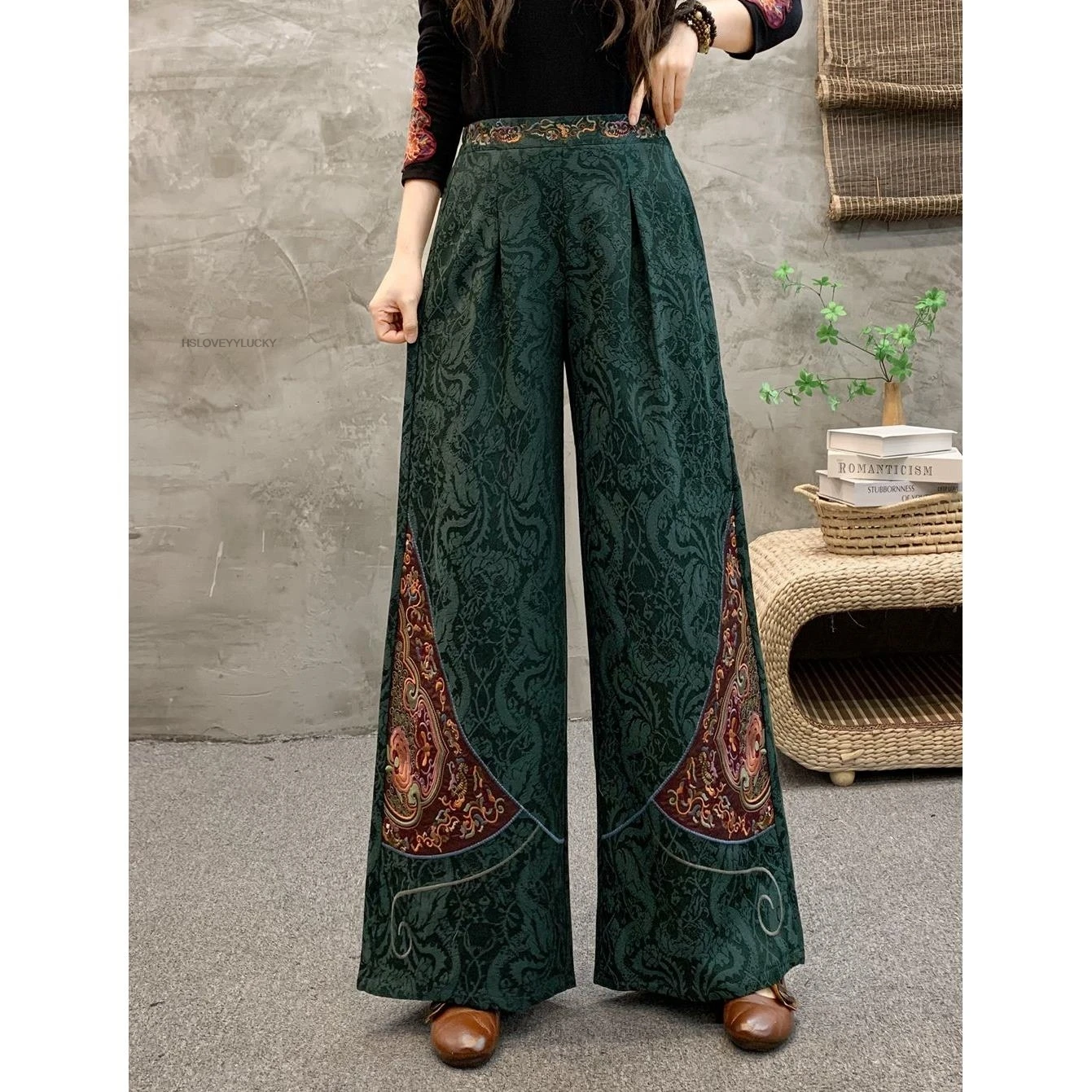 

Women's Long Pants Retro Ethnic Style Heavy Embroidery Waist Floral Linen Cotton Dark Pattern Jacquard Wide Legged Chinese Pants