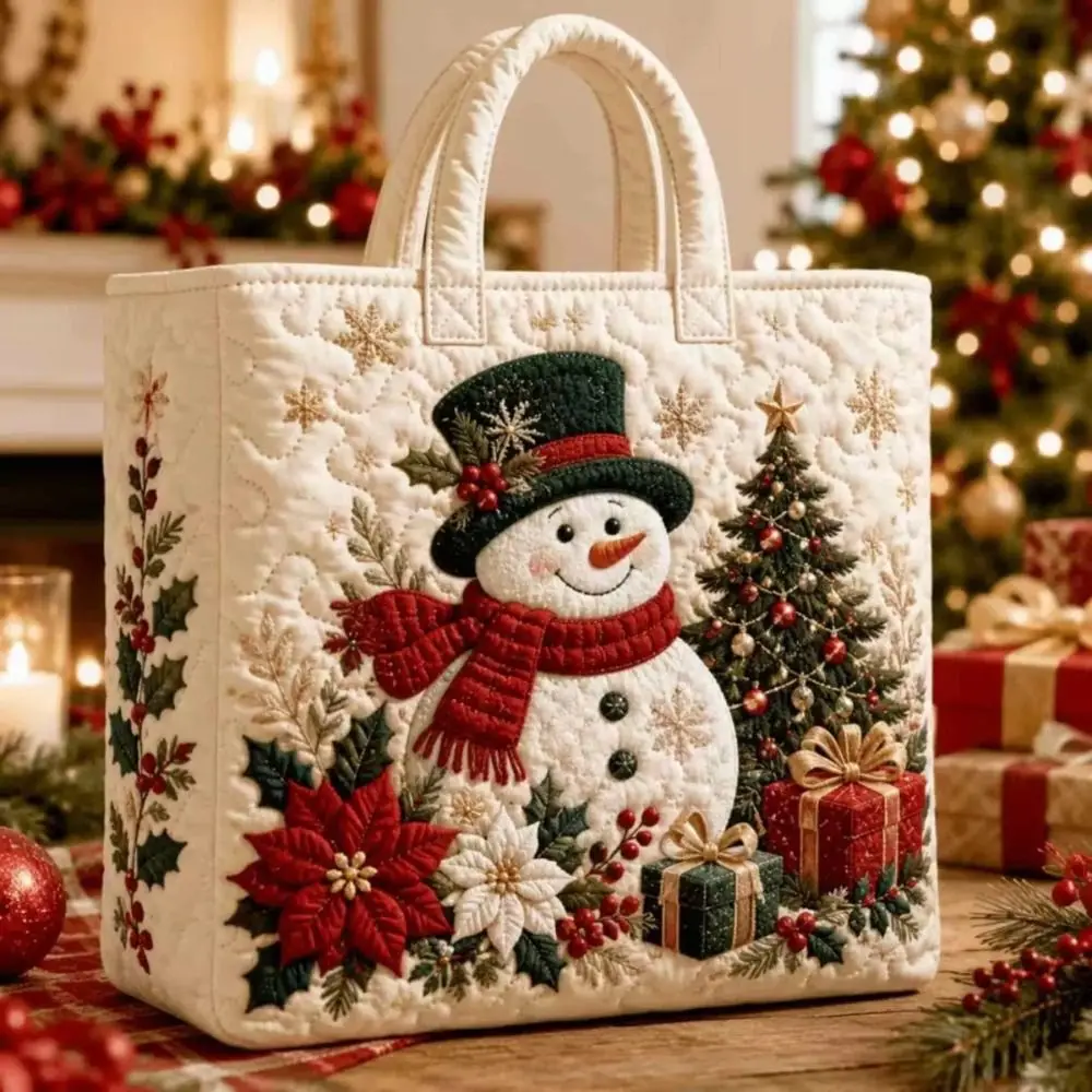 Quilted Design Christmas Handbag Padded Family Print Quilted Tote Bag Snowman Print Lightweight Shoulder Handbag Beach Use