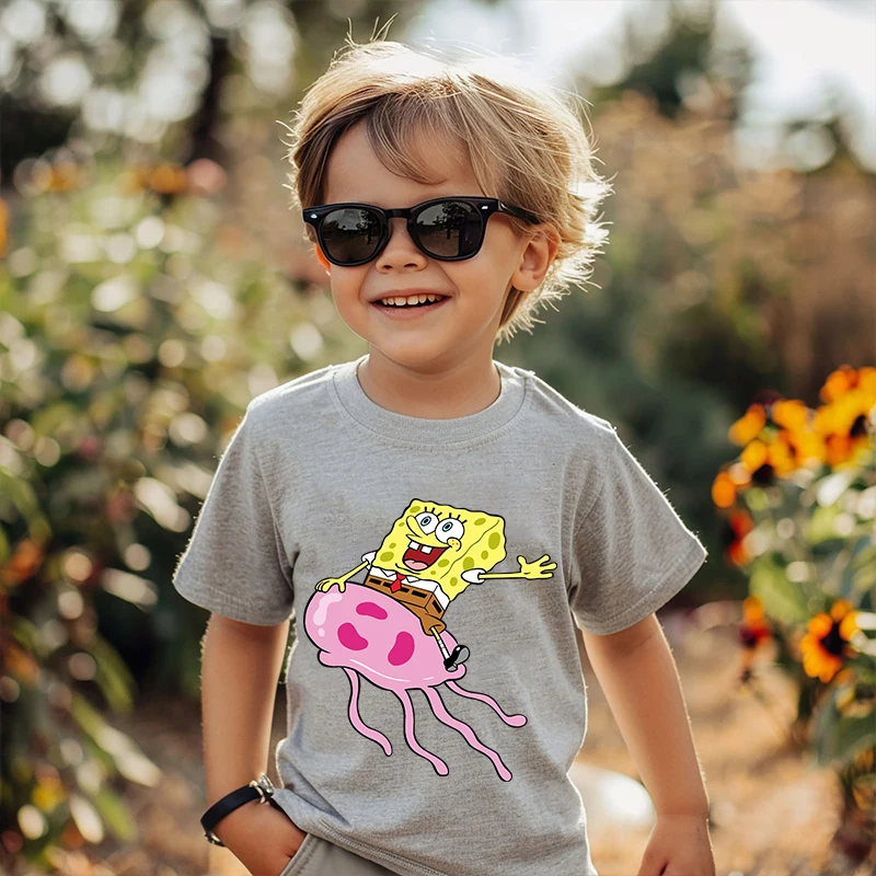 SpongeBob SquarePants Printed Kids T-shirt Summer Children's Cotton Short Sleeve Suitable for Boys and Girls Gray Casual Tops