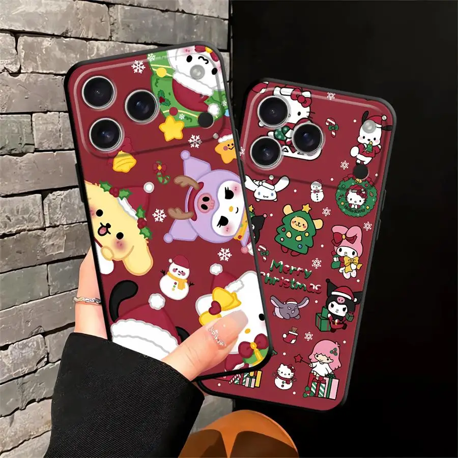 حافظة لهاتف آيفون 13 12 11 17 Pro Max XS XR 15 16 14 Plus 17Air 7 8 غطاء هاتف ناعم أسود لعائلة عيد الميلاد سانريو #6