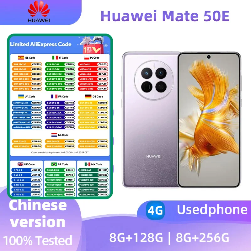 Huawei Mate 50E 4G SmartPhone  6.7inch 90Hz Screen  Snapdragon 778G 50MP Camera 4460mAh HarmonyOS Original Used  Phone