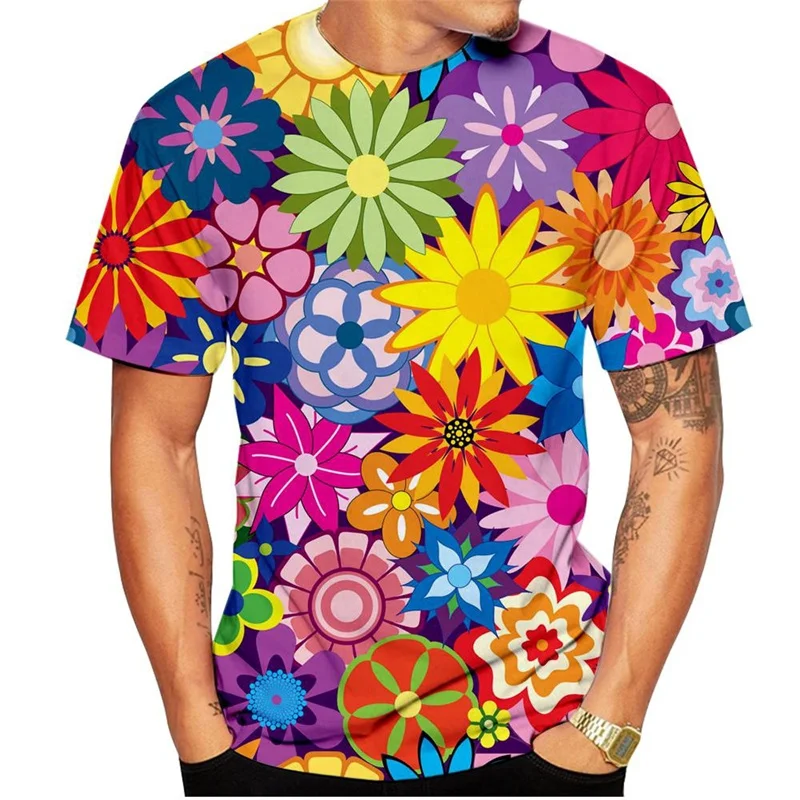 Men\'s T-shirt 3d Colorful Flower Printing Short Sleeve Women T Shirts Oversized Tops Round Neck Tee Streetwear Summer Clothing