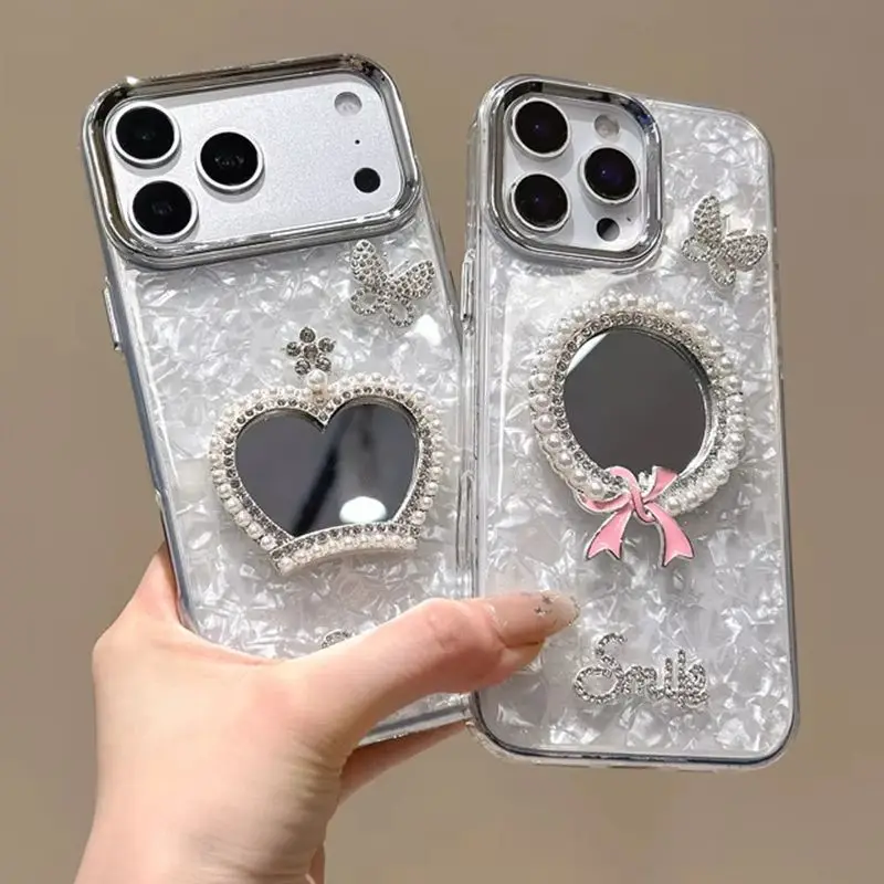 Luxury Pearl Rhinestone Makeup Mirror Butterfly Phone Case for 17 Pro Max Iridescent Chain Protective Cover for iPhone 16 15 14